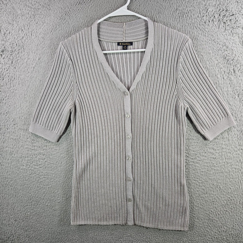 Brooks Brothers Womens‎ Gray Ribbed Short Sleeve Button Front Cardigan Sweater M